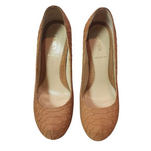 Fendi Shoes Womens 36.5 Tan Leather Embossed Python FF Heel Platform Pump US 6.5 - Picture 7 of 13